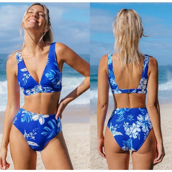 NWT Cupshe X Iskra Cobalt Floral Bikini Top & High-Waisted Bottoms Set BUNDLE M - Picture 2 of 6